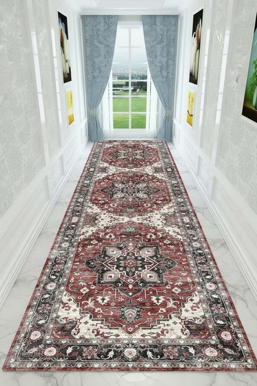 Tapis de Couloir Oriental Rouge et Anthracite — Motif Médaillon Vintage — Tapis Long Antidérapant