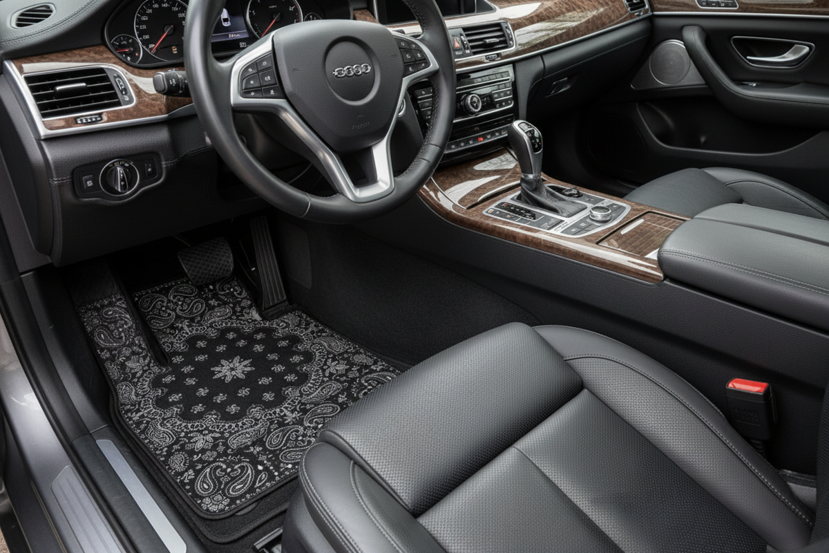 Tapis de Voiture Oriental Noir — Lot de 4 Tapis Motif Paisley — Protection Sol Auto