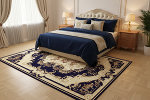 Tapis de Salon Oriental Bleu Marine et Or — Motif Médaillon Baroque — Grand Tapis Antidérapant