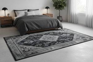 Tapis de Salon Oriental Gris — Motif Médaillon Losange Vintage — Grand Tapis Antidérapant