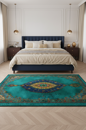 Tapis de Salon Oriental Turquoise et Or — Motif Médaillon Ornemental — Grand Tapis Antidérapant