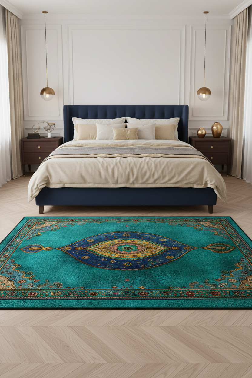 Tapis de Salon Oriental Turquoise et Or — Motif Médaillon Ornemental — Grand Tapis Antidérapant