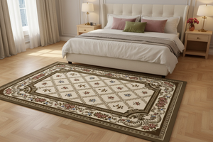 Tapis de Salon Oriental Beige et Marron — Motif Floral Quadrillé Champêtre — Grand Tapis Antidérapant