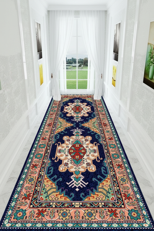 Tapis de Couloir Oriental Bleu Marine et Corail — Motif Médaillon Vintage — Tapis Long Antidérapant