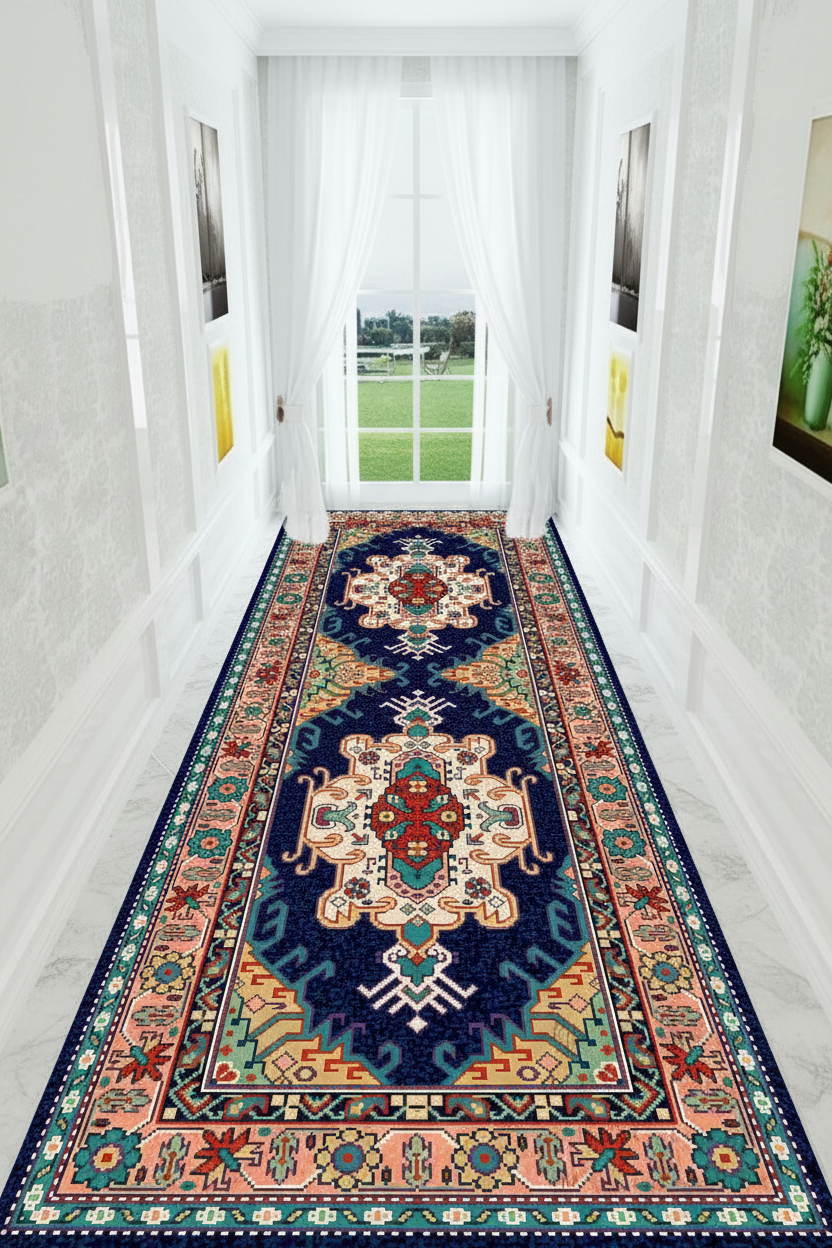 Tapis de Couloir Oriental Bleu Marine et Corail — Motif Médaillon Vintage — Tapis Long Antidérapant