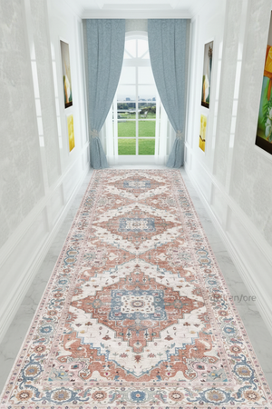 Tapis de Couloir Oriental Rose Poudré et Bleu — Motif Médaillon Vintage — Tapis Long Antidérapant
