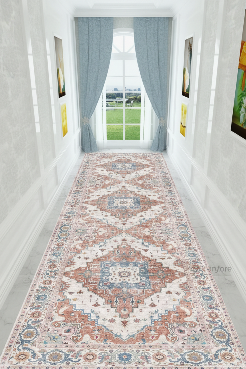 Tapis de Couloir Oriental Rose Poudré et Bleu — Motif Médaillon Vintage — Tapis Long Antidérapant