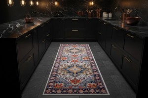 Tapis de Cuisine Oriental Long Ivoire et Corail — Motif Médaillon Vintage — Tapis Antidérapant