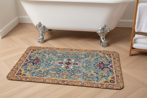 Tapis de Bain Oriental Bleu et Ocre — Motif Médaillon Ethnique — Tapis de Salle de Bain Antidérapant