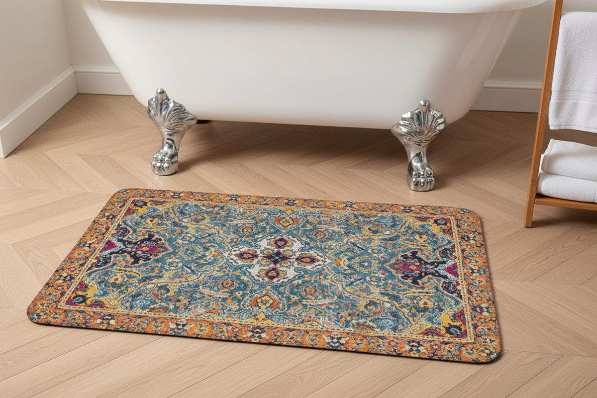 Tapis de Bain Oriental Bleu et Ocre — Motif Médaillon Ethnique — Tapis de Salle de Bain Antidérapant