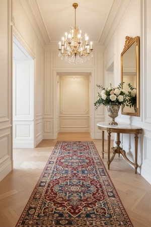 Tapis de Couloir Oriental Rouge et Bleu — Motif Médaillon Vintage — Tapis Long Antidérapant