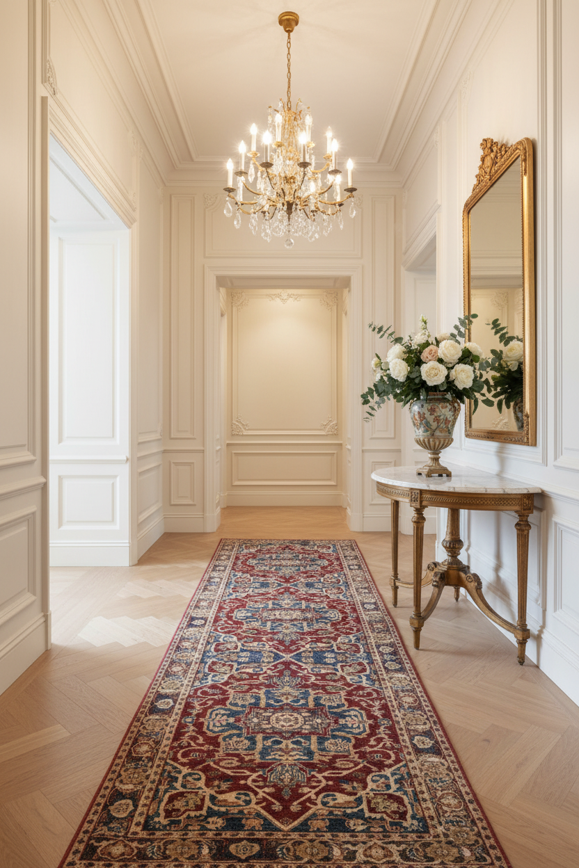 Tapis de Couloir Oriental Rouge et Bleu — Motif Médaillon Vintage — Tapis Long Antidérapant
