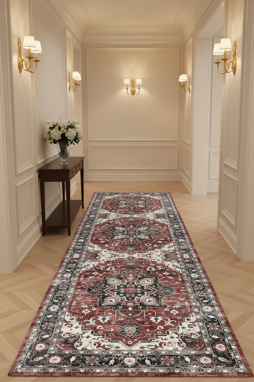 Tapis de Couloir Oriental Rouge et Anthracite — Motif Médaillon Vintage — Tapis Long Antidérapant
