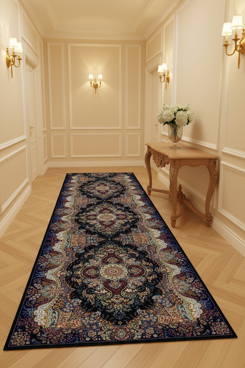 Tapis de Couloir Oriental Noir et Multicolore — Motif Médaillon Luxe | Tapis Long Antidérapant
