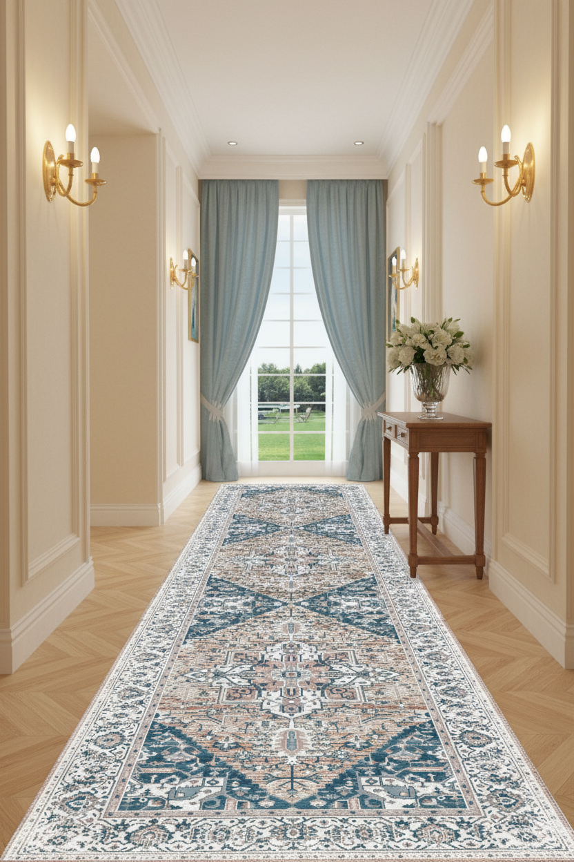 Tapis de Couloir Oriental Bleu et Terracotta — Motif Géométrique Vintage — Tapis Long Antidérapant