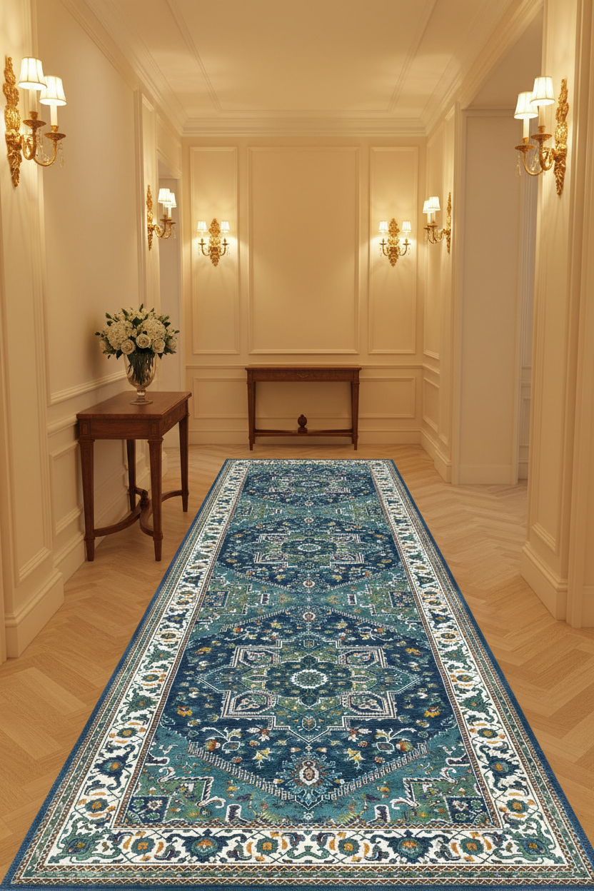 Tapis de Couloir Oriental Bleu Canard et Ivoire — Motif Médaillon Vintage — Tapis Long Antidérapant
