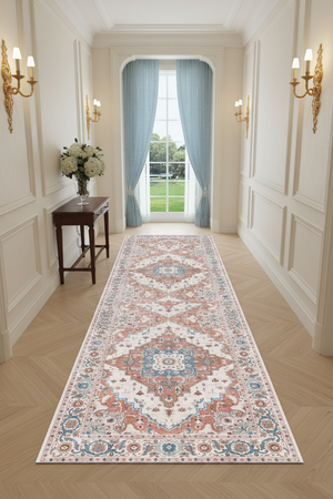 Tapis de Couloir Oriental Rose Poudré et Bleu — Motif Médaillon Vintage — Tapis Long Antidérapant