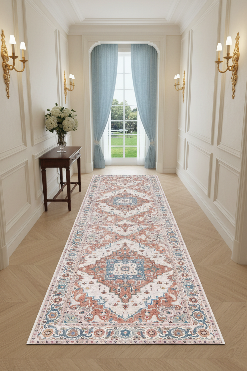 Tapis de Couloir Oriental Rose Poudré et Bleu — Motif Médaillon Vintage — Tapis Long Antidérapant