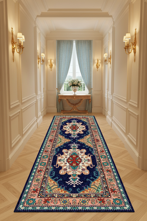 Tapis de Couloir Oriental Bleu Marine et Corail — Motif Médaillon Vintage — Tapis Long Antidérapant