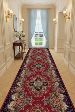 Tapis de Couloir Oriental Rouge et Bordeaux — Motif Médaillon Luxe | Tapis Long Antidérapant