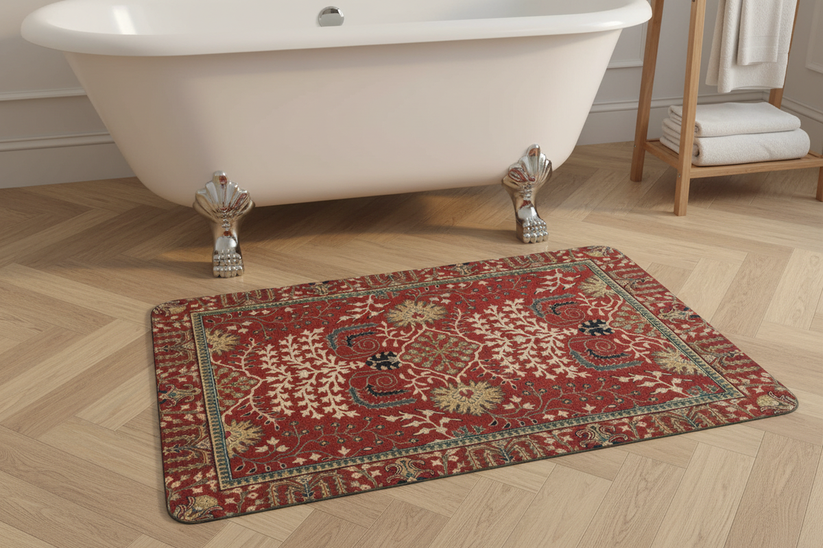 Tapis de Bain Oriental Rouge et Ivoire — Motif Floral Vintage — Tapis de Salle de Bain Antidérapant