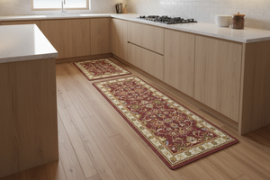 Tapis de Cuisine Oriental Rouge et Doré — Set 2 Pièces Motif Floral Vintage — Tapis Antidérapant