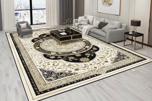 Tapis de Salon Oriental Noir et Doré — Motif Médaillon Luxe — Grand Tapis Antidérapant