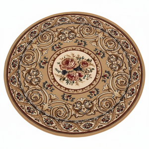Tapis Rond Beige — Motif Aubusson Fleuri — Tapis Oriental Antidérapant