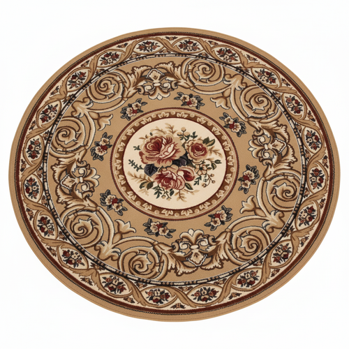 Tapis Rond Beige — Motif Aubusson Fleuri — Tapis Oriental Antidérapant