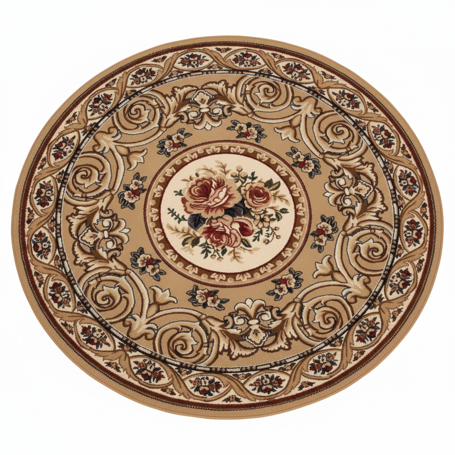 Tapis Rond Beige — Motif Aubusson Fleuri — Tapis Oriental Antidérapant