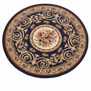 Tapis Rond Bleu Marine — Motif Aubusson Fleuri — Tapis Oriental Antidérapant