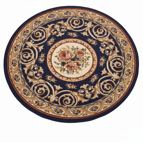 Tapis Rond Bleu Marine — Motif Aubusson Fleuri — Tapis Oriental Antidérapant