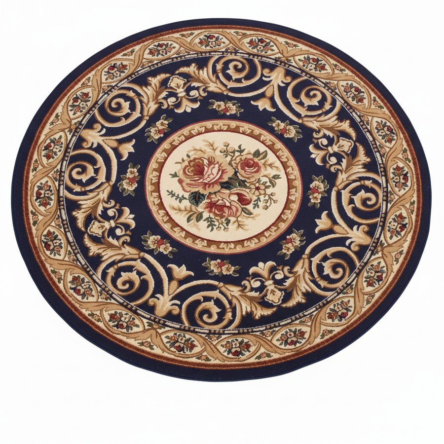 Tapis Rond Bleu Marine — Motif Aubusson Fleuri — Tapis Oriental Antidérapant