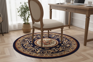 Tapis Rond Bleu Marine — Motif Aubusson Fleuri — Tapis Oriental Antidérapant
