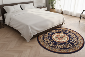 Tapis Rond Bleu Marine — Motif Aubusson Fleuri — Tapis Oriental Antidérapant