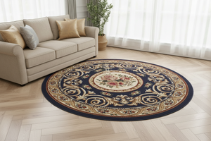 Tapis Rond Bleu Marine — Motif Aubusson Fleuri — Tapis Oriental Antidérapant