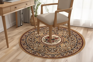 Tapis Rond Beige — Motif Aubusson Fleuri — Tapis Oriental Antidérapant