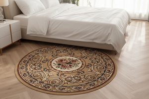 Tapis Rond Beige — Motif Aubusson Fleuri — Tapis Oriental Antidérapant