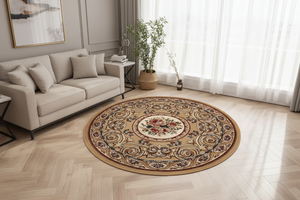 Tapis Rond Beige — Motif Aubusson Fleuri — Tapis Oriental Antidérapant