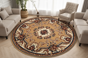 Tapis Rond Camel — Motif Aubusson Fleuri — Tapis Oriental Antidérapant