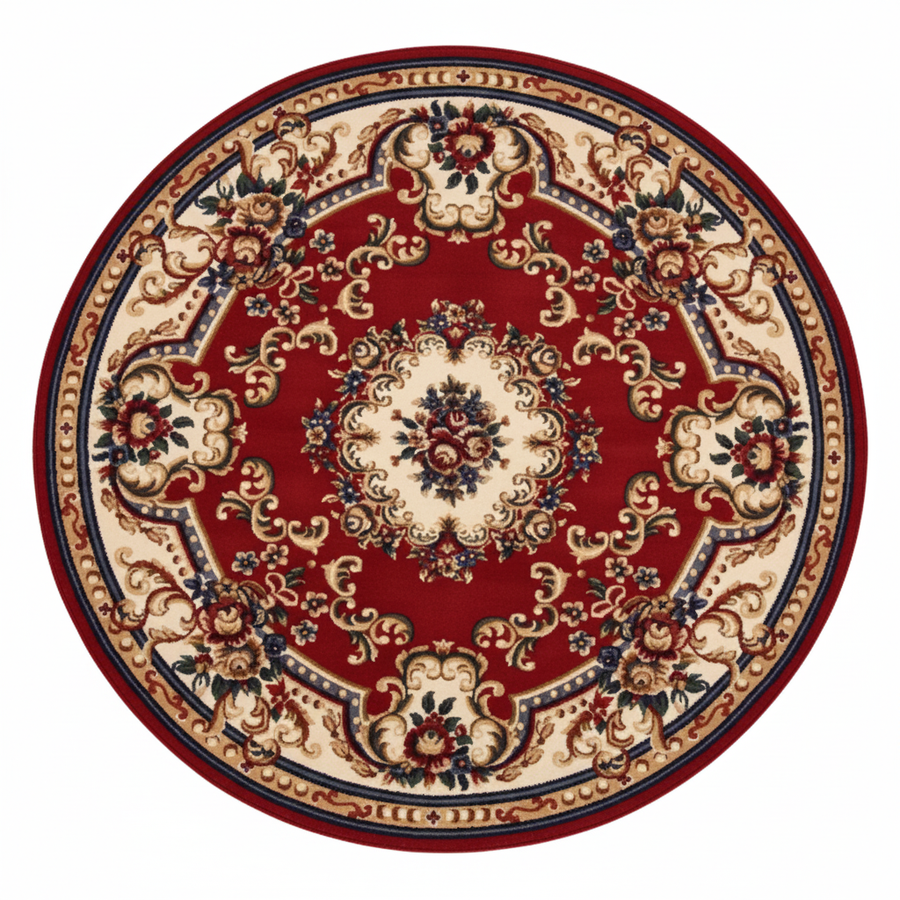 Tapis Rond Rouge — Motif Aubusson Fleuri — Tapis Oriental Antidérapant
