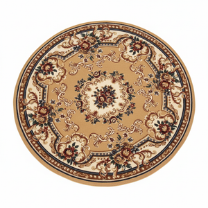 Tapis Rond Camel — Motif Aubusson Fleuri — Tapis Oriental Antidérapant