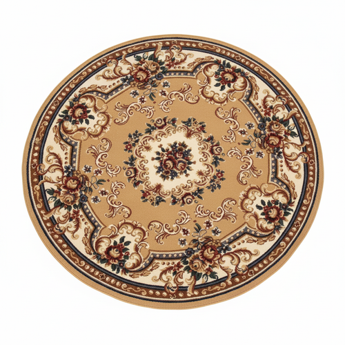 Tapis Rond Camel — Motif Aubusson Fleuri — Tapis Oriental Antidérapant