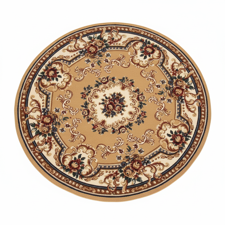 Tapis Rond Camel — Motif Aubusson Fleuri — Tapis Oriental Antidérapant