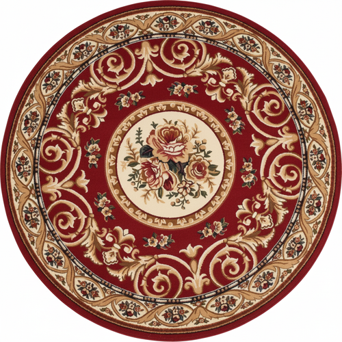Tapis Rond Bordeaux — Motif Aubusson Fleuri — Tapis Oriental Antidérapant