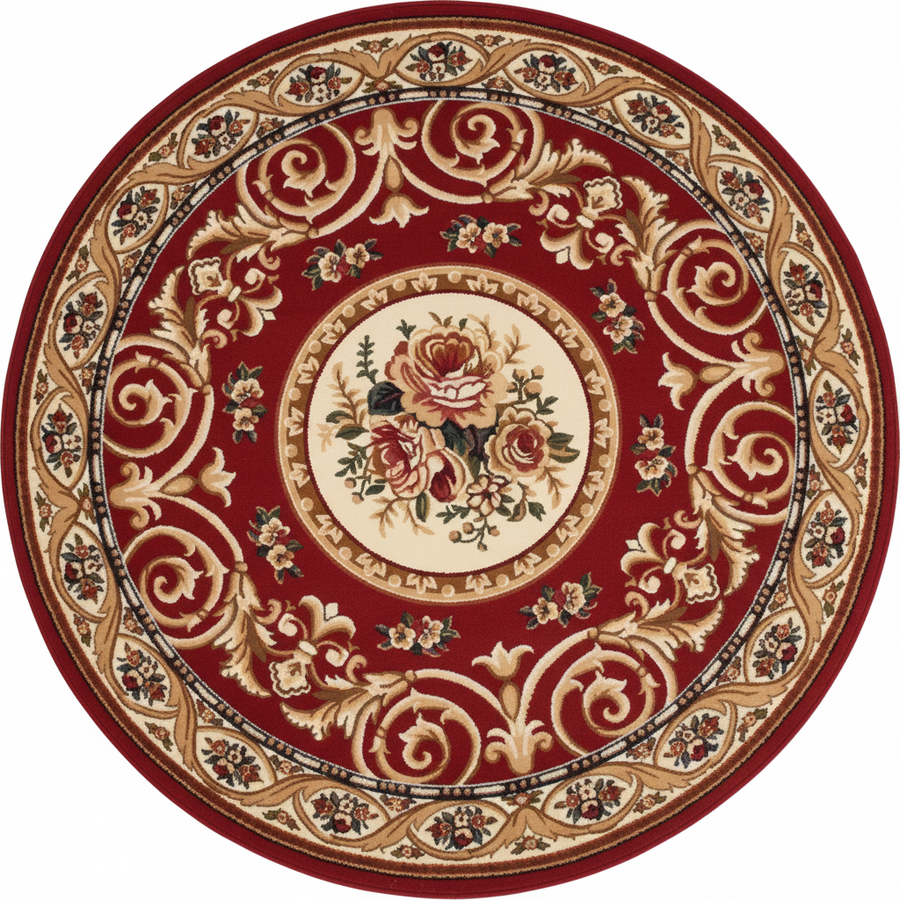 Tapis Rond Bordeaux — Motif Aubusson Fleuri — Tapis Oriental Antidérapant
