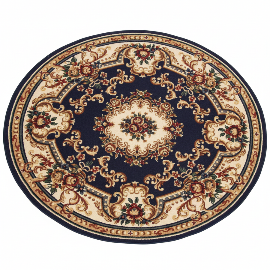 Tapis Rond Bleu Marine — Motif Aubusson Fleuri — Tapis Oriental Antidérapant