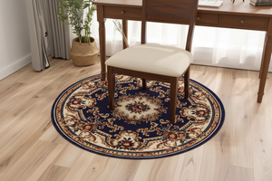 Tapis Rond Bleu Marine — Motif Aubusson Fleuri — Tapis Oriental Antidérapant
