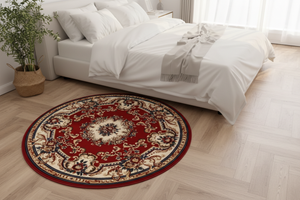 Tapis Rond Rouge — Motif Aubusson Fleuri — Tapis Oriental Antidérapant