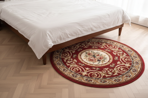Tapis Rond Bordeaux — Motif Aubusson Fleuri — Tapis Oriental Antidérapant